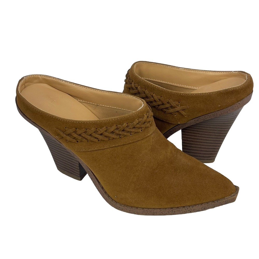 JF Suede Mules Womens Heels Size 8.5M Brown Leather‎ Block Heel Slip On Shoes